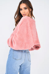 Pink Fluffy Long Sleeve Crop Jumper - Noura