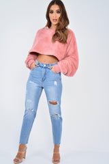 Pink Fluffy Long Sleeve Crop Jumper - Noura