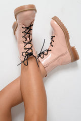 Pink Patent Lace Up Zip Ankle Boots -shiri