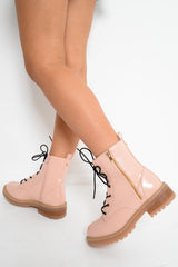 Pink Patent Lace Up Zip Ankle Boots -shiri