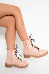 Pink Patent Lace Up Zip Ankle Boots -shiri