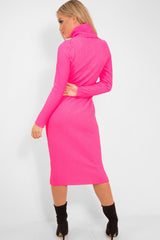 Neon Pink Roll Neck Rib Midi Jumper Dress - Giana