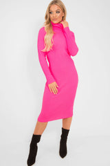 Neon Pink Roll Neck Rib Midi Jumper Dress - Giana