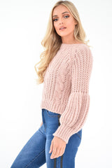 Pink Chunky Knit Balloon Sleeve Jumper - Rielynn