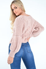 Pink Chunky Knit Balloon Sleeve Jumper - Rielynn