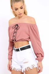Rose Ribbed Lace Up Bardot Crop Top - Sara