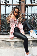 Pink Shirred Wrap Over Bardot Crop Top - Zuri