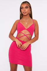 Pink Strappy Front Cut Out Ribbed Mini Dress - Riata