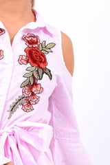 Pink Striped Cold Shoulder Tie Shirt - Aniyah