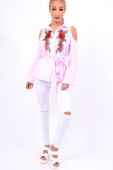 Pink Striped Cold Shoulder Tie Shirt - Aniyah