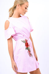 Pink Striped Cold Shoulder Embroidered Shirt Dress - Isadora