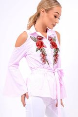 Pink Striped Cold Shoulder Tie Shirt - Aniyah