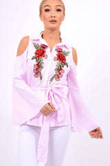 Pink Striped Cold Shoulder Tie Shirt - Aniyah