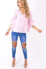 Pink Striped Flare Bell Sleeve Blouse - Yolanda