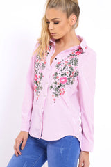 Pink Striped Floral Embroidered Shirt - Gianna