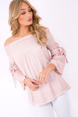 Pink Off Shoulder Tie Sleeve Top - Sammy