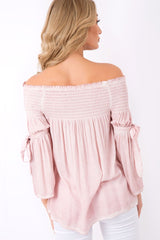Pink Off Shoulder Tie Sleeve Top - Sammy