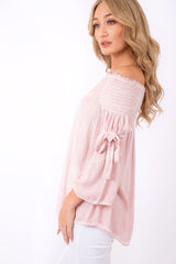 Pink Off Shoulder Tie Sleeve Top - Sammy
