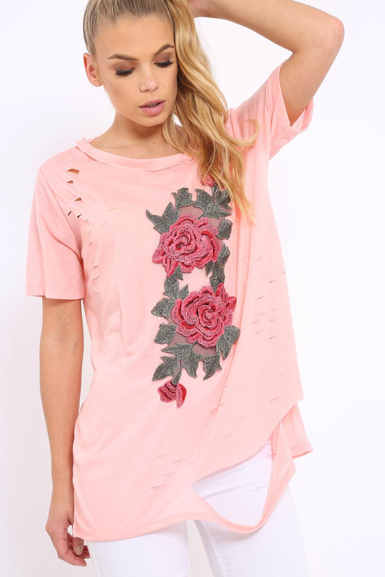 Pink Applique Slashed Over Sized T-Shirt - Louella