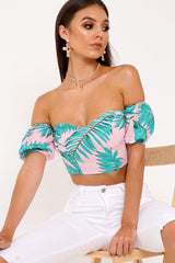 Pink Tropical Bardot Crop Top - Candis