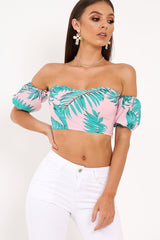 Pink Tropical Bardot Crop Top - Candis