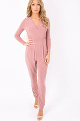 Blush Wrap Front Long Sleeved Slinky Jumpsuit - Kendal