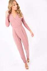 Blush Wrap Front Long Sleeved Slinky Jumpsuit - Kendal