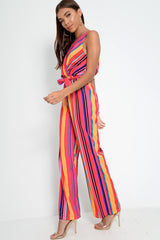 Pink And Yellow Plunge Wide Leg Jumpsuit - Saidi