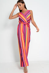 Pink And Yellow Plunge Wide Leg Jumpsuit - Saidi
