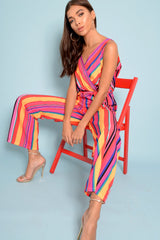 Pink And Yellow Plunge Wide Leg Jumpsuit - Saidi