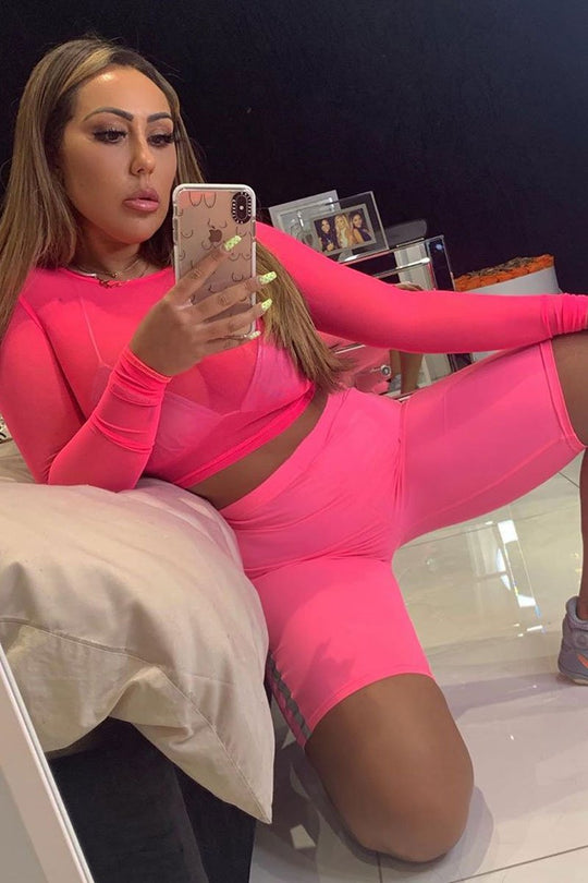 Neon Pink Mesh Long Sleeve Crop Top - Presley