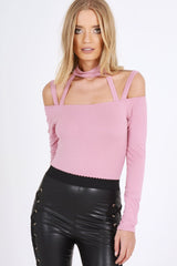 Pink Choker Neck Strappy Bodysuit - Jenny
