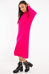 Fuchsia Chunky Knit Slash Neck Jumper Dress - Hessie