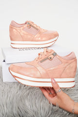 Pink Shimmer Platform Trainers with Zip Detail - Sharnie