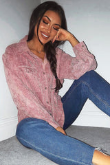 Pink Corduroy Button Front Long Sleeve Shirt - Falcon