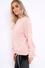 Rose Puff Sleeve Pearl Chunky Knit Jumper - Nancie