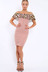 Rose Embroidered Bardot Bodycon Dress - Jaxie