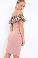 Rose Embroidered Bardot Bodycon Dress - Jaxie