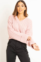 Pink Wide Rib V Neck Jumper - Alinah