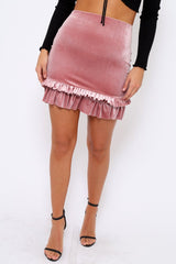 Mauve Velvet Frill Hem Mini Skirt - Vicky