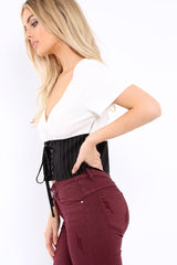 White Plunge Black Corset Lace Front Crop Top - Brinklee