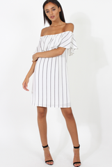 White Pinstripe Bardot Dress - Pip