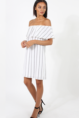 White Pinstripe Bardot Dress - Pip