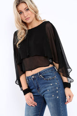 Black Sheer Batwing Frill Layer Top - Pip