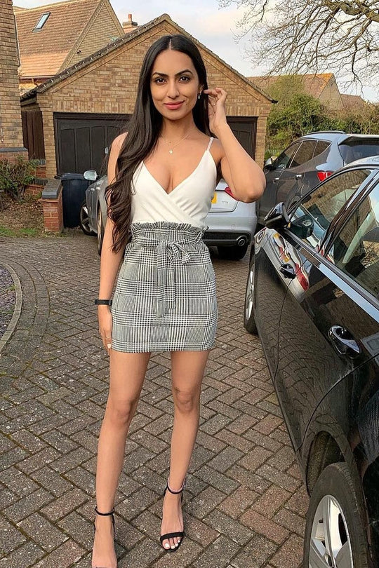 White Houndstooth Belted Paper Bag Waist Dress - Marnie