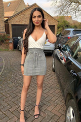 White Houndstooth Belted Paper Bag Waist Dress - Marnie