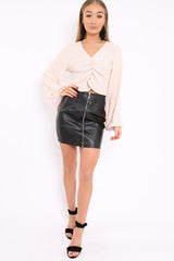 Apricot Plisse Ruched Front Crop Top - Karen