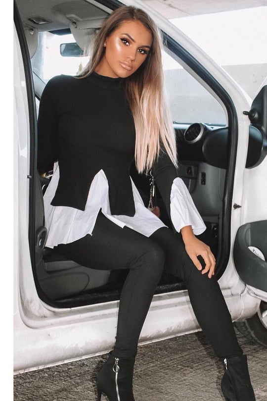 Black Ribbed Flared Shirt and Leggings Co-ord - Aafiya