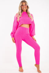 Neon Pink Cable Knit Batwing Jumper Loungwear Set - Janea