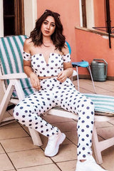 White Polka Dot Bardot and Trousers Co-ord Set - Jorgina